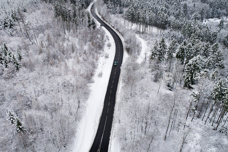 穿越冬季森林的道路-鸟瞰图