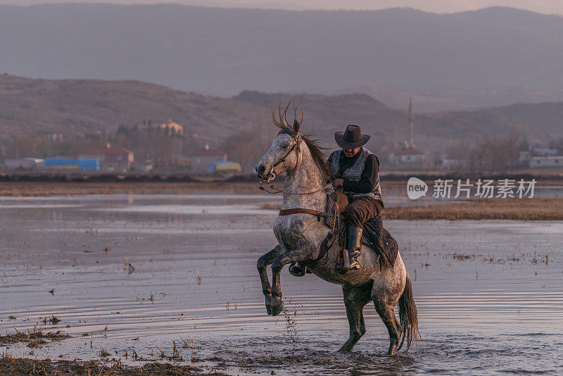 日落时分，安纳托利亚牛仔在骑马