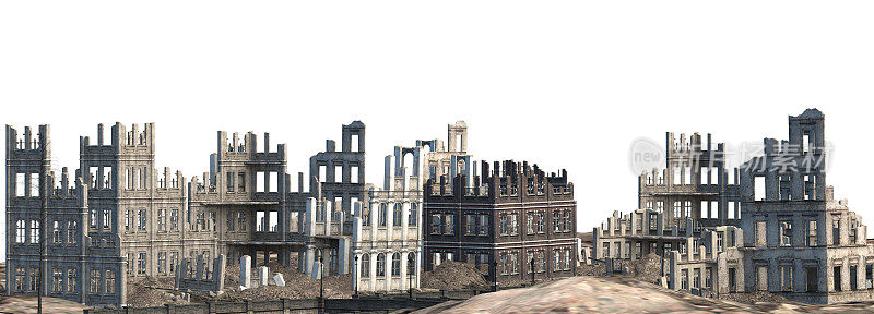 废墟建筑孤立在白色3D插图