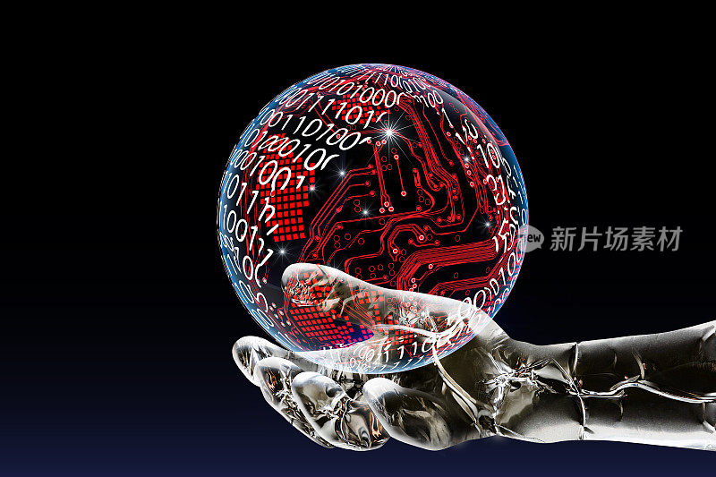 机器人的手。二进制代码和电子线路图写在一个透明的球体上。