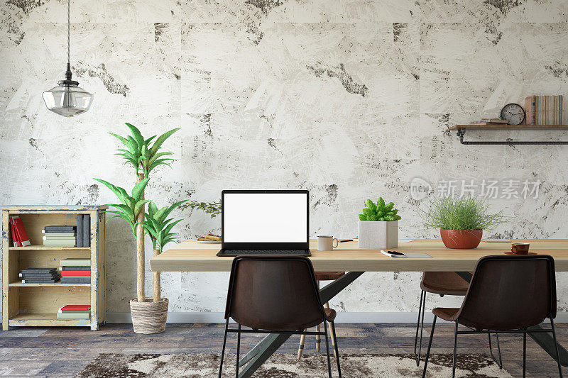室内工作空间与植物和书桌