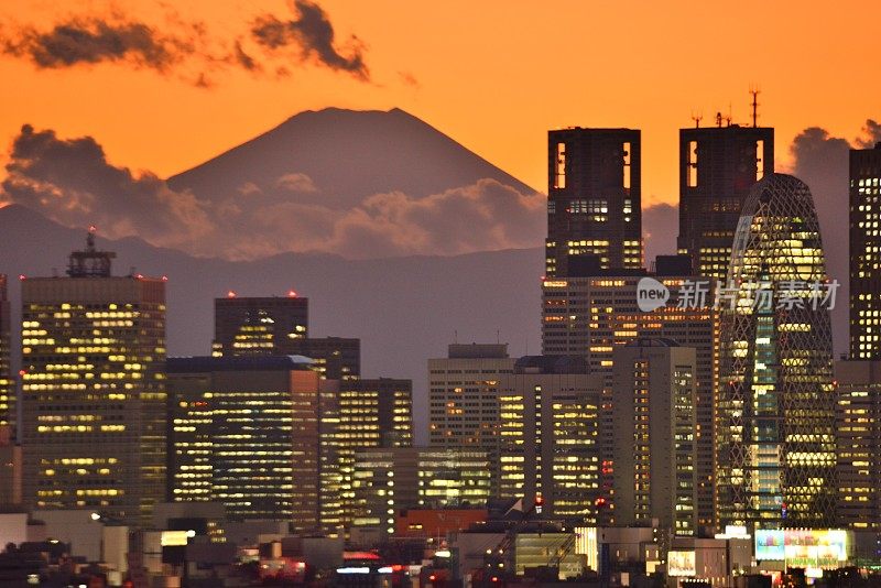 富士山和东京的天际线:白天和黑夜