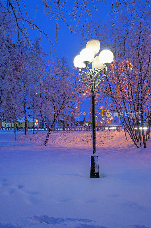 冬天，下雪，夜晚，Tarko-Sale小镇的一个小公园里的路灯。