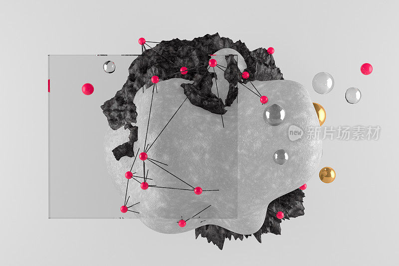 3D空玻璃框架与抽象的石头物体和球体