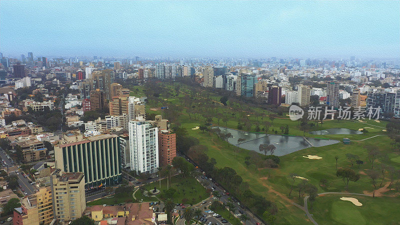 油画全景鸟瞰图圣伊西多罗地区在利马，秘鲁。