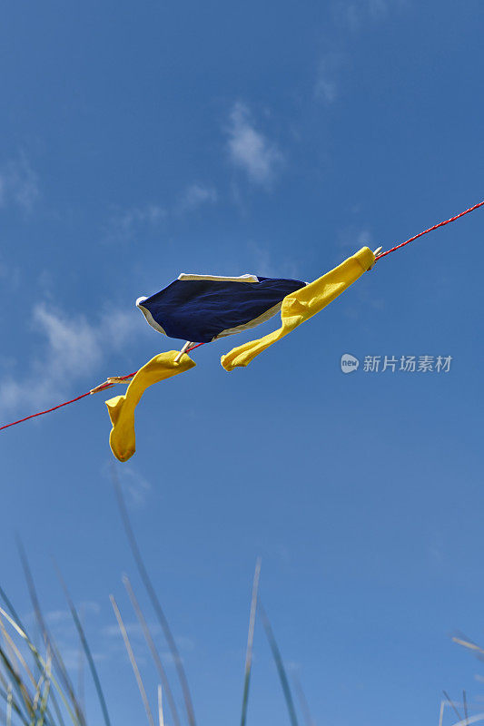 晾衣绳和一双黄色的袜子和蓝色复古的y型内裤在充满活力的蓝天下随风飘荡。