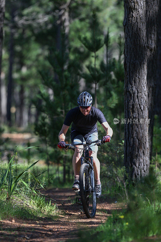 一个骑自行车穿过森林的人。