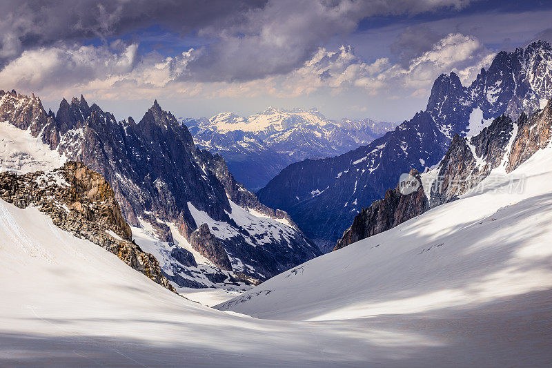 白雪皑皑的山脉、勃朗谷、勃朗山脉和冰川——意大利阿尔卑斯山的一侧