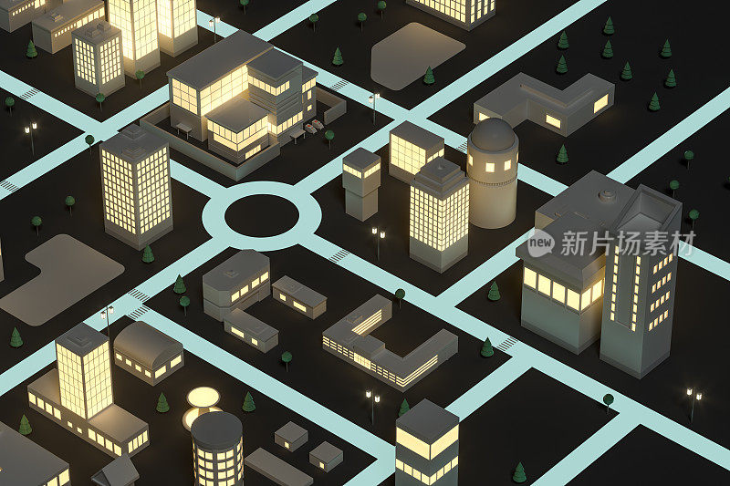 夜间市中心建筑，模拟城市，3d渲染。