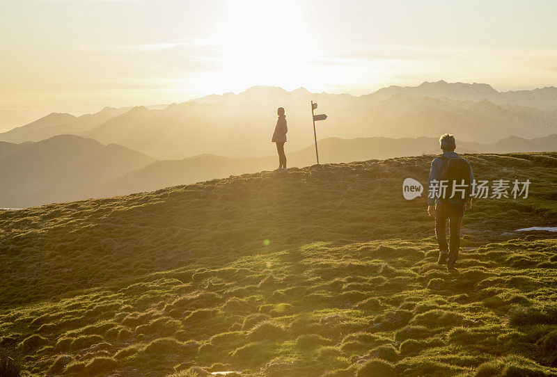 夫妇走在高高的草地上，路标