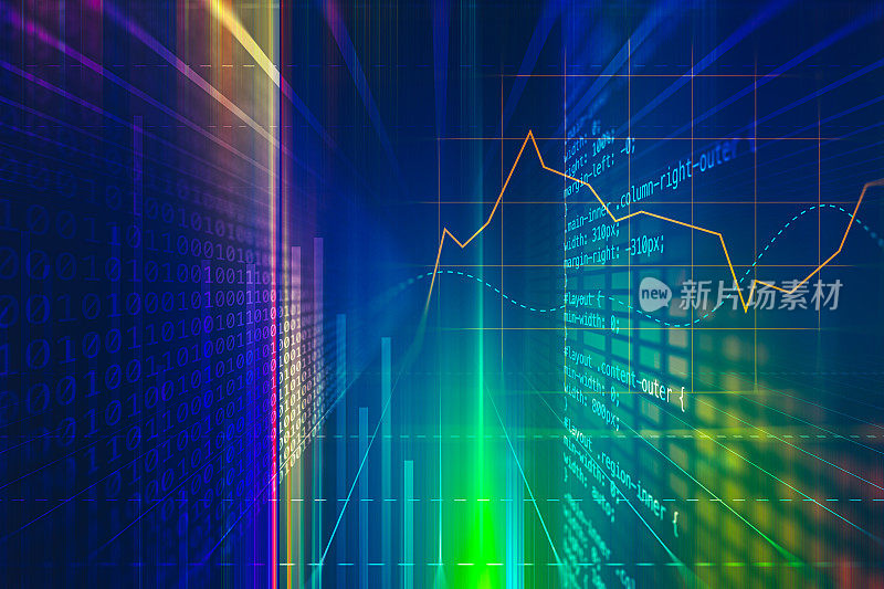 数据技术计算机生成数字货币和交易所股票图表，用于金融和经济显示