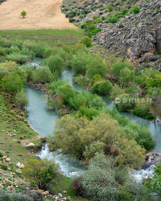 河流在绿色山谷中流淌的高角照片
