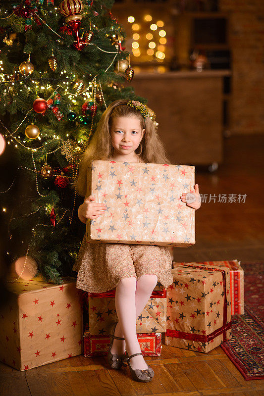 小女孩坐在圣诞树下，手里拿着一个新年礼物盒