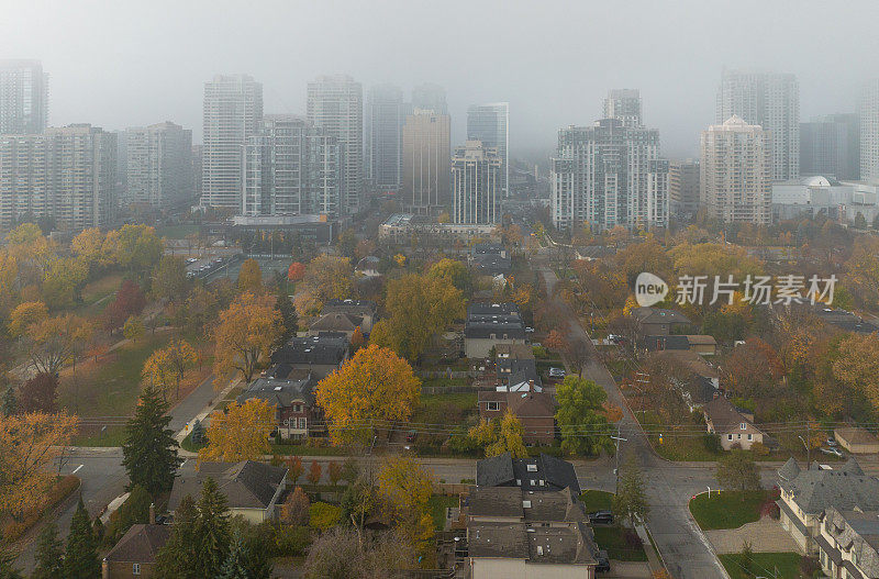 鸟瞰北约克的公园和住宅区，多伦多，加拿大，雾蒙蒙的早晨