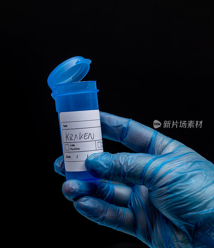 新冠病毒Kraken变体手写在蓝色瓶子上