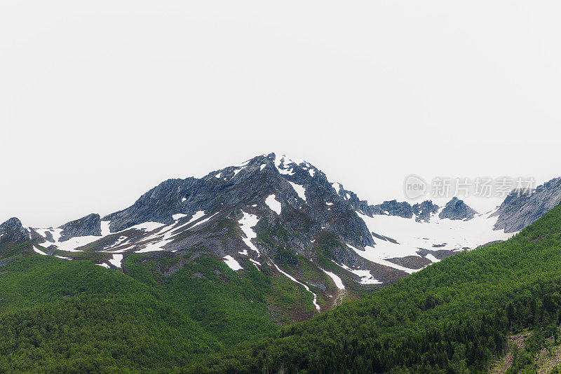 挪威夏季色彩的赫伦峡湾的戏剧性山峰