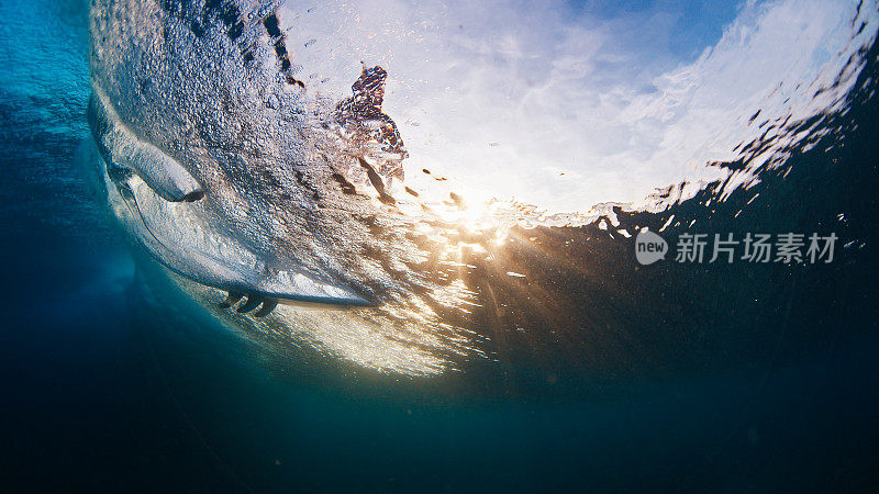 冲浪者乘风破浪，抓住水面。水下通过海浪的观点冲浪者骑浪和触摸水