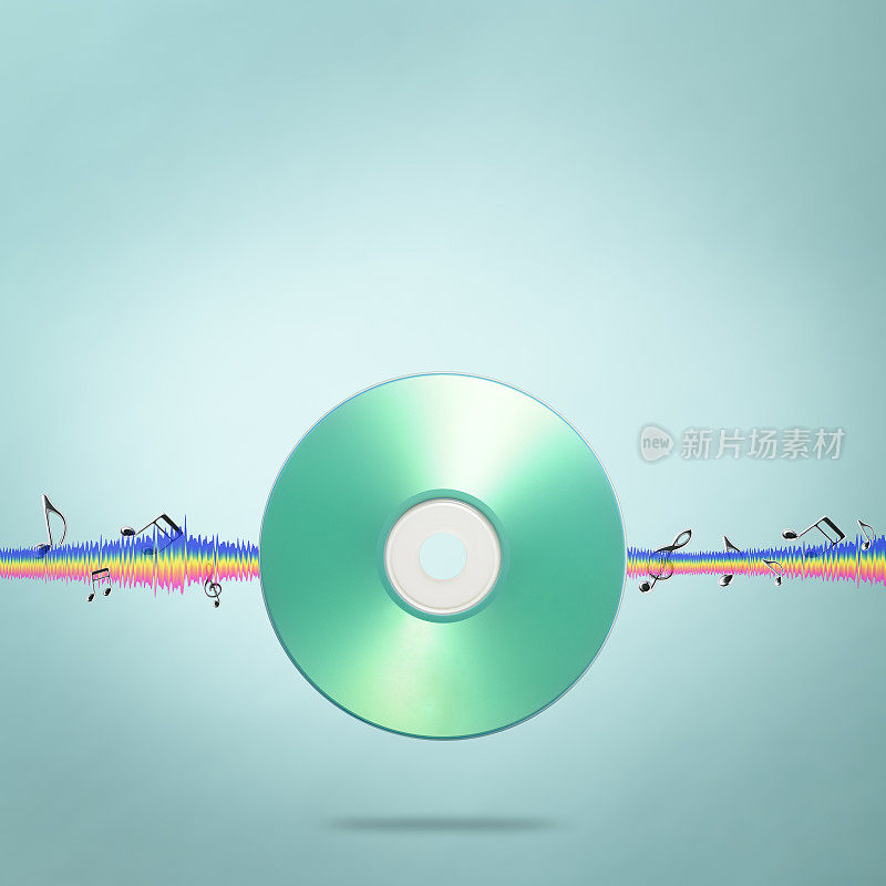 空白音乐CD与声音均衡器波线和音符对浅蓝色背景