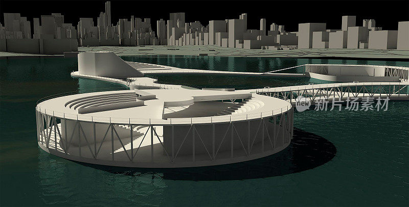 被摩天大楼包围的大型公园中浮动圆形剧场的3D模型