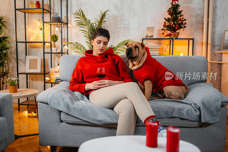 圣诞节时，年轻女子和她的狗狗坐在沙发上喝着酒