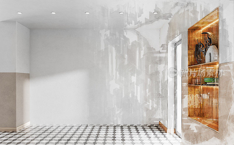 在复古瓷砖地板上的现代厨房的3D渲染草图上使用标记效果，一半是建筑草图(建筑师为客户设计的平面图)，一半是空的，没有家具的3D渲染图像