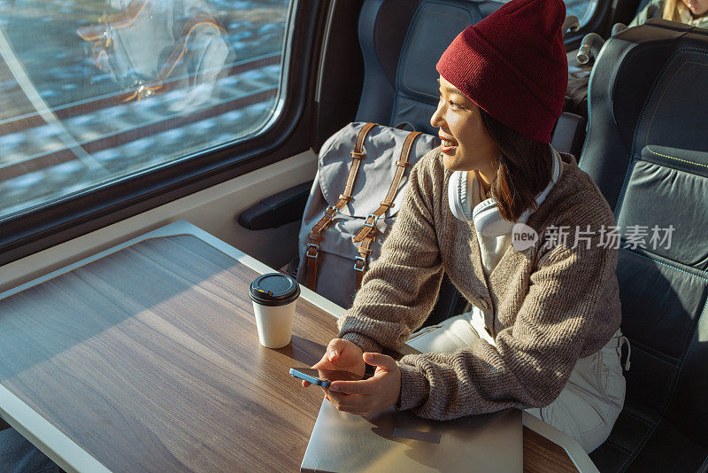 年轻的中国女性坐火车旅行，用智能手机