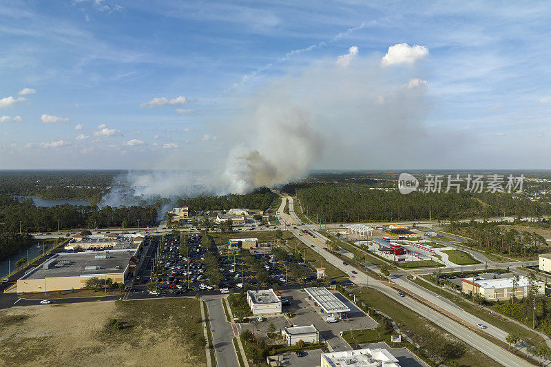 佛罗里达州北港市的野火在干燥的冬季严重燃烧。浓烟在郊区房屋上空升起