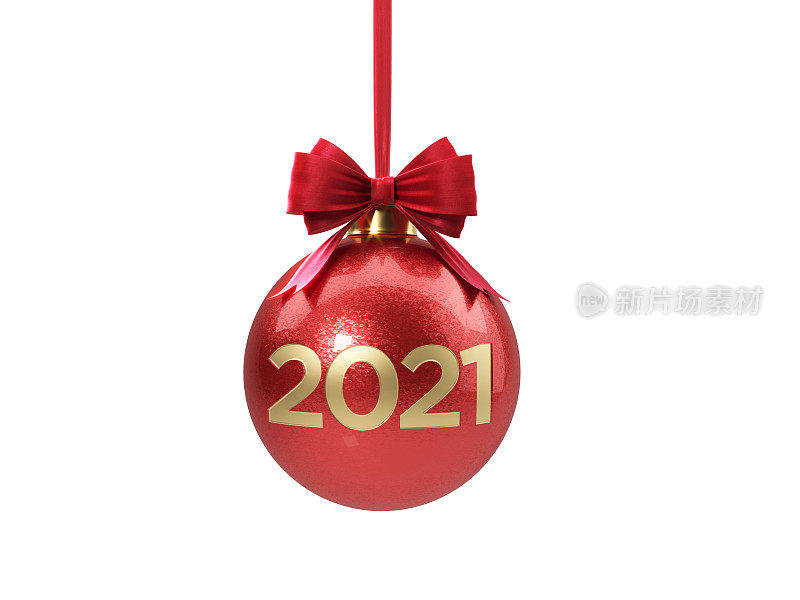 2021年用红丝绒丝带系在白色背景上的刻蚀红色圣诞小玩意