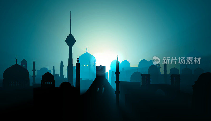 德黑兰城市的剪影。中东地区。塔和宗教纪念碑，带有圆顶的尖塔