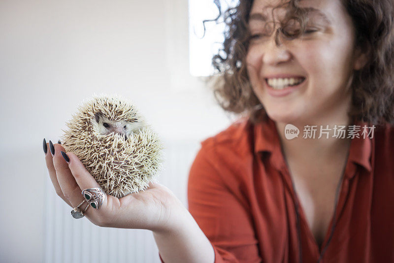 女人抱着她的宠物刺猬