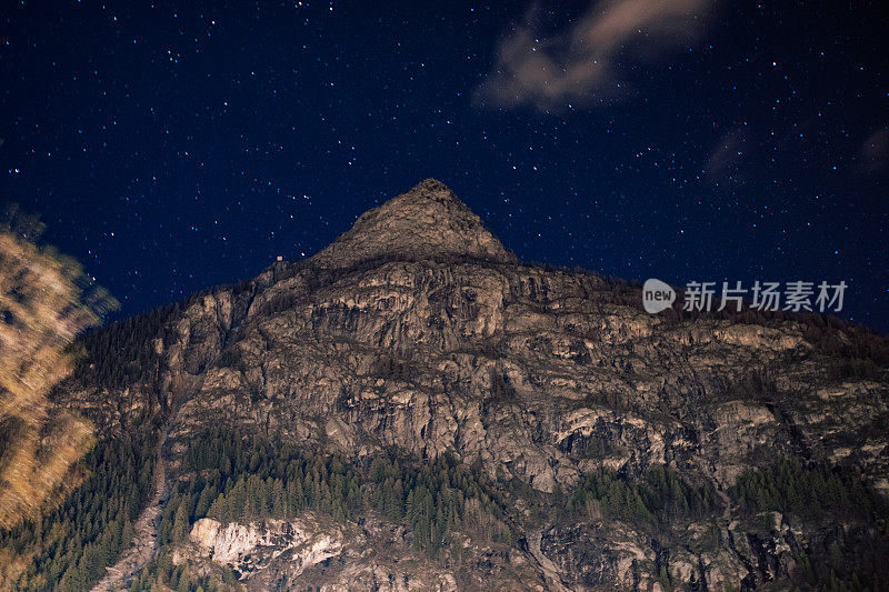 山夜景观与星星和空间，雪山的勃朗峰。美丽山谷中的白云石。旅游和度假摄影。