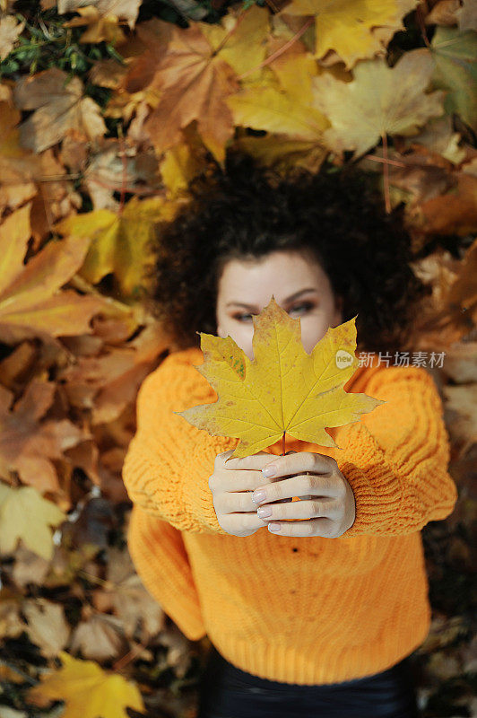 带着秋叶微笑的年轻女子在秋天公园玩得很开心。卷发快乐女人的肖像躺在户外的树叶上。