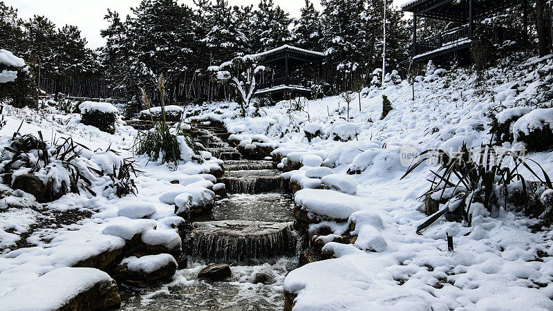 白雪皑皑的河流，冬日的森林和河流，空中的白雪皑皑的河流