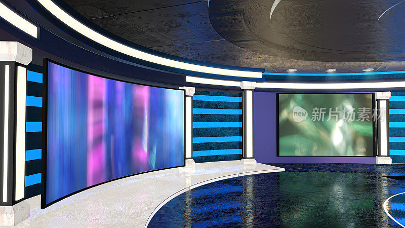 电视演播室，虚拟演播室。理想的绿屏合成。