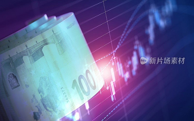 100欧元纸币在蓝色金融图表上