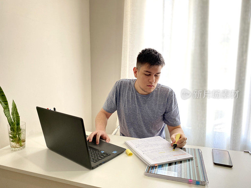 男人在家里的办公桌前工作和学习