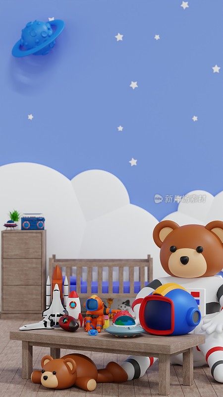 婴儿房间墙壁火箭星球太空冒险，娃娃和玩具，垂直设计为移动壁纸，3D渲染。