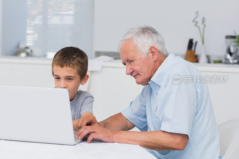 爷爷和孙子在用笔记本电脑