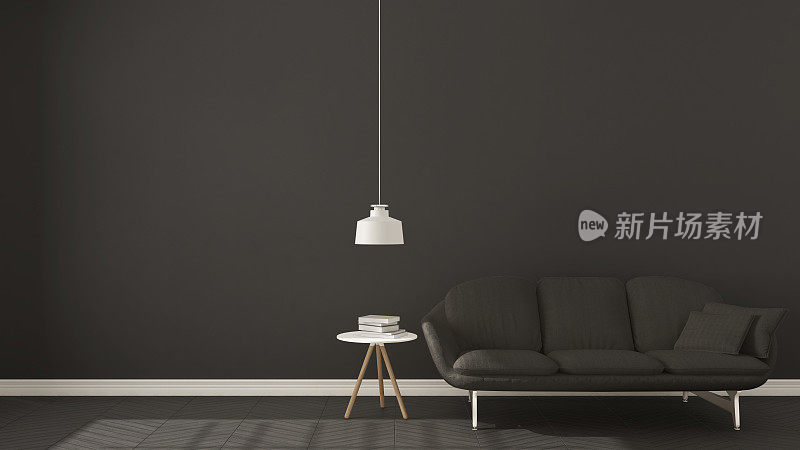 斯堪的纳维亚简约的深色背景，配以灰色沙发人字形天然拼花地板，室内设计