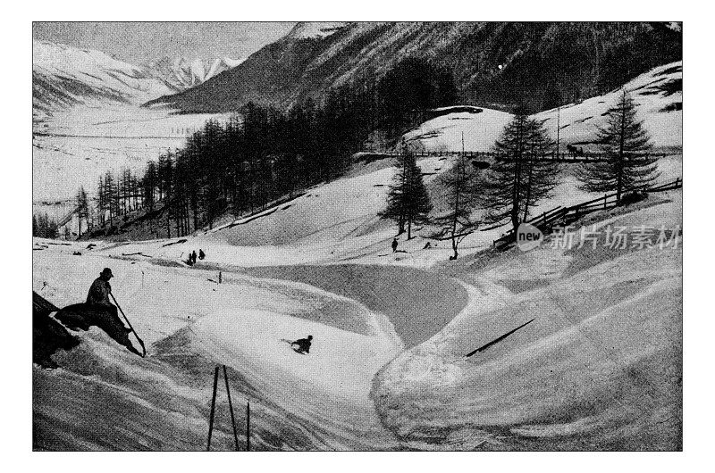爱好和运动的古董点印照片:有舵雪橇