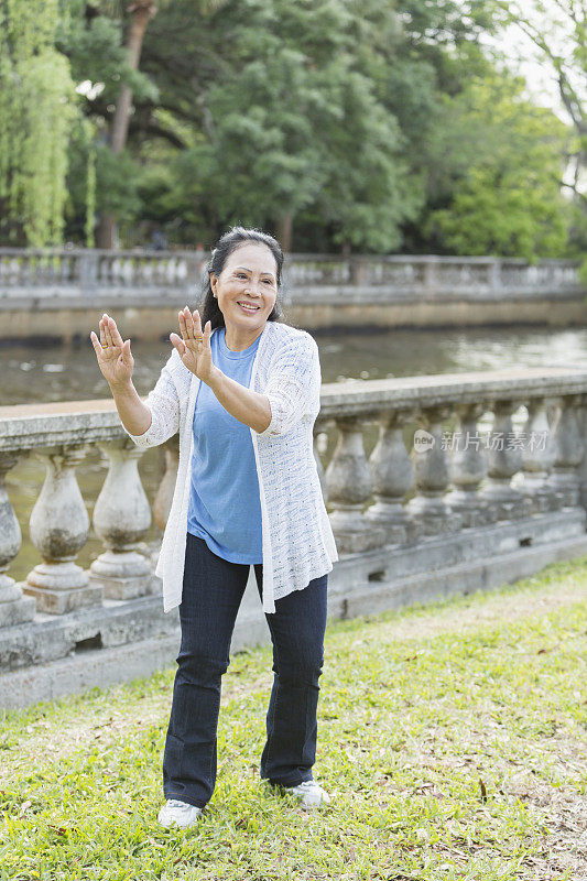 年长的亚洲女人在打太极