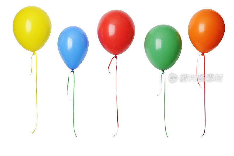 一排彩色气球在空中以白色的背景
