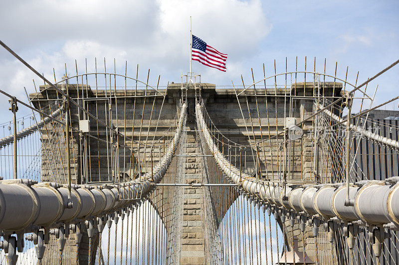 布鲁克林大桥和美国国旗，纽约市地标