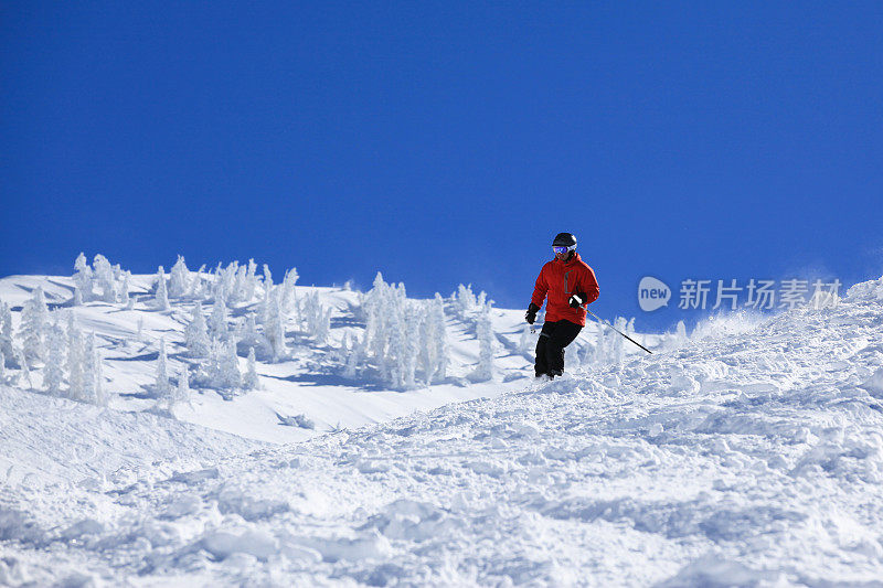 男子滑雪者在行动粉雪与晴朗的天空