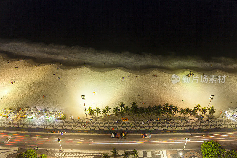 里约热内卢科帕卡巴纳海滩夜间鸟瞰图