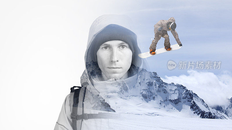 双曝光效果摄影。一个背着双肩包的年轻人的脸和一个滑雪跳跃者的冬季山地景观