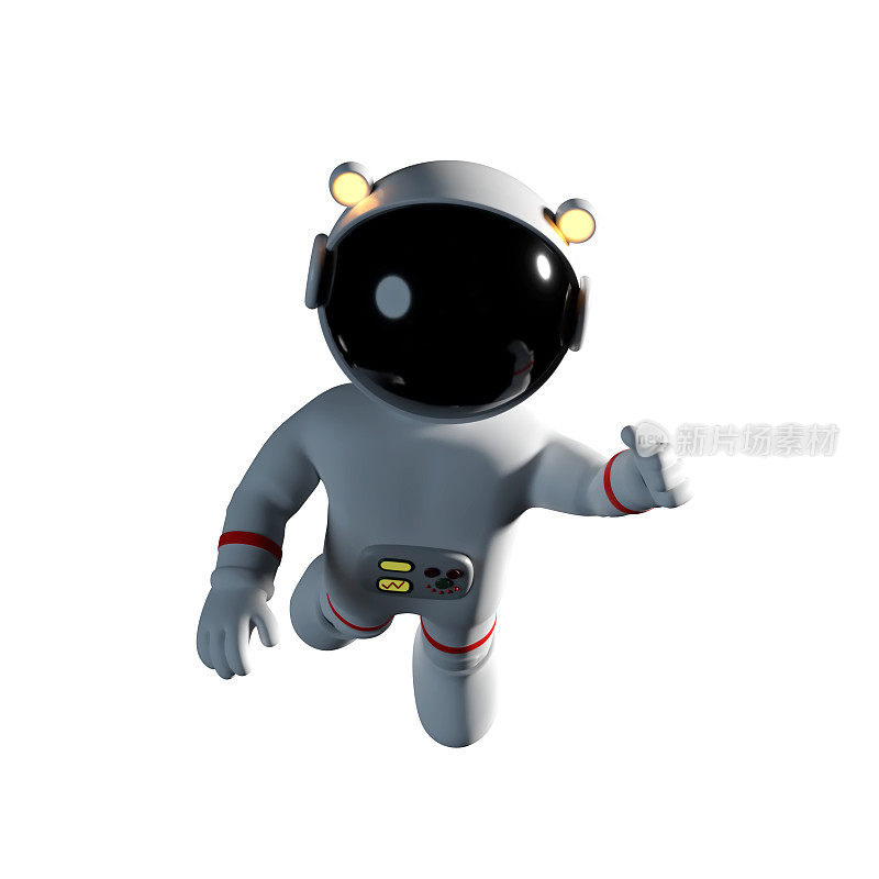 可爱的卡通宇航员角色穿着白色宇航服在零重力空间失重(3d插图，孤立在白色背景)