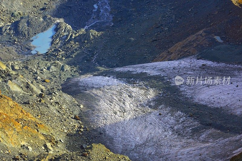 童话般的风景:在田园诗般的泽马特·戈尔纳冰川裂缝、冰碛谷和戈尔内格拉特的高山绿松石湖之上，戏剧性的瑞士白雪覆盖的阿尔卑斯山，田园诗般的乡村，瑞士阿尔卑斯山瓦莱