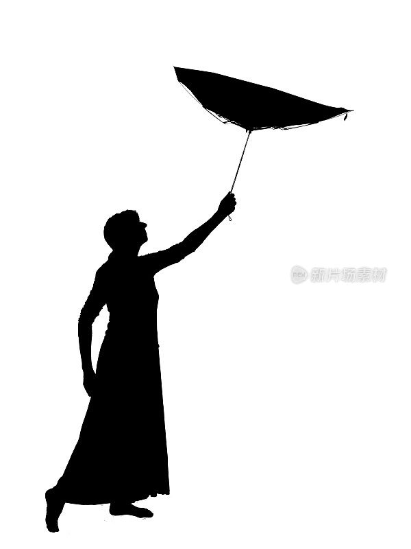 穿着长裙的女人侧影，撑着雨伞，抓着梦，落着星星。