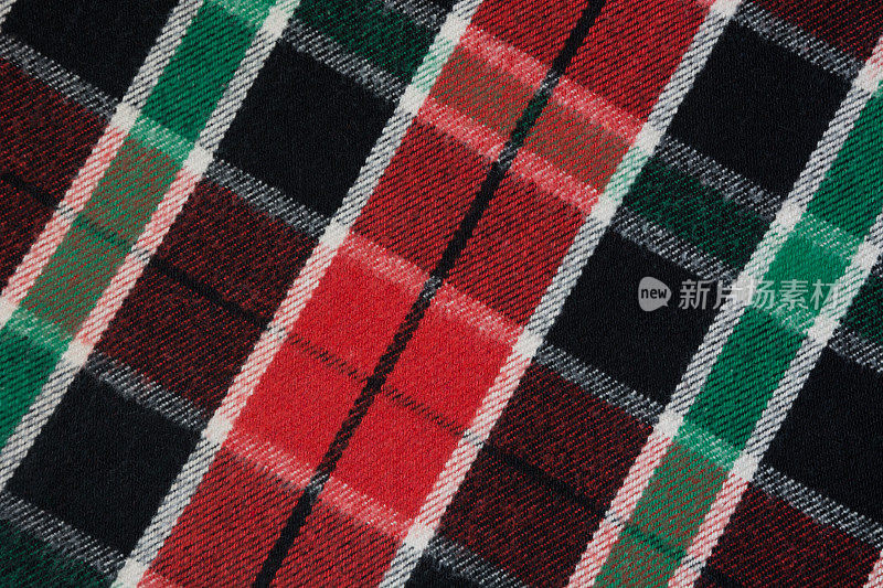 柔软温暖的格子绒毯。绿色和红色格子纹理，微距拍摄。羊毛格子图案。格子布的纹理表面。